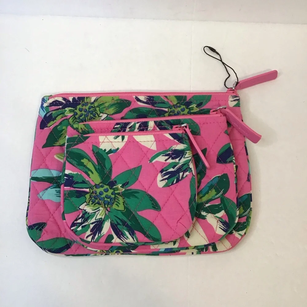 VERA BRADLEY Tropical Paradise Pink and Green Floral Cosmetic Bag 3 Pc Set NEW